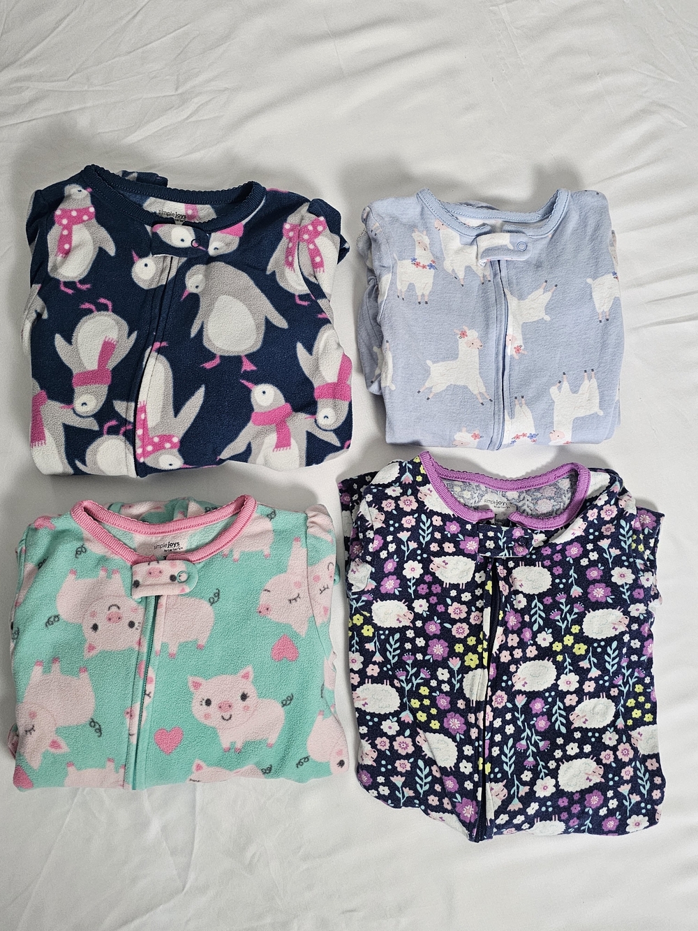 Girls Pajamas "Simple Joys" Size 3T Footie One Piece Long Sleeve Lot Of 4